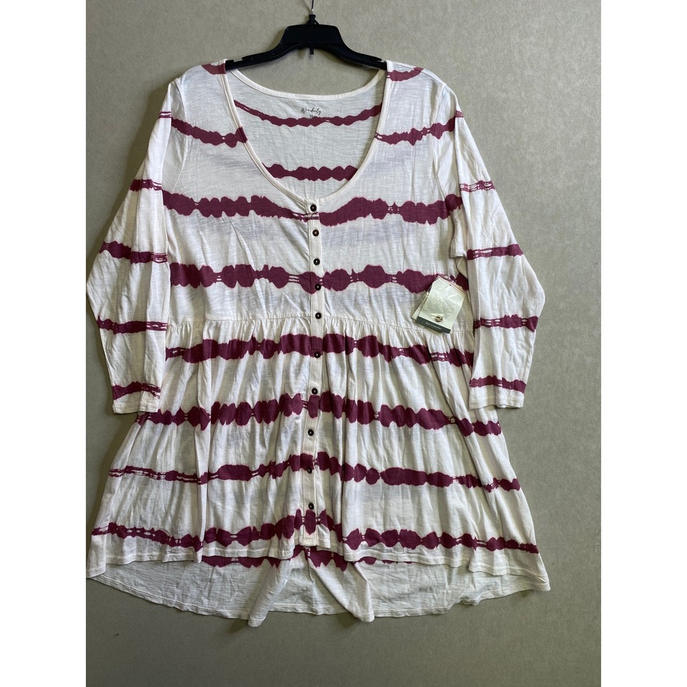 Wonderly Womens 2X Tie Dye Babydoll Tunic Top Button Front 3/4 Sleeve Burgundy